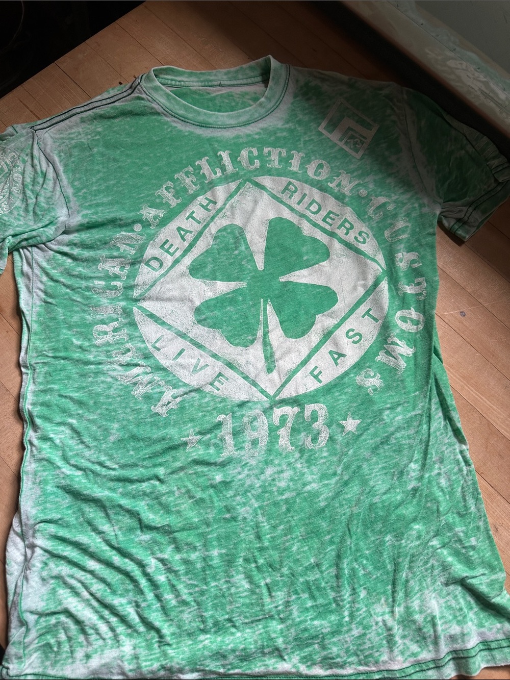 Affliction Men’s Green Washed Graphic Tee with Clover Emblem